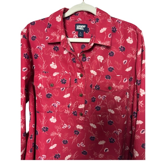 Lands End Women’s Long Sleeve Popover Reddish Pink Floral Size Large - Picture 2 of 11